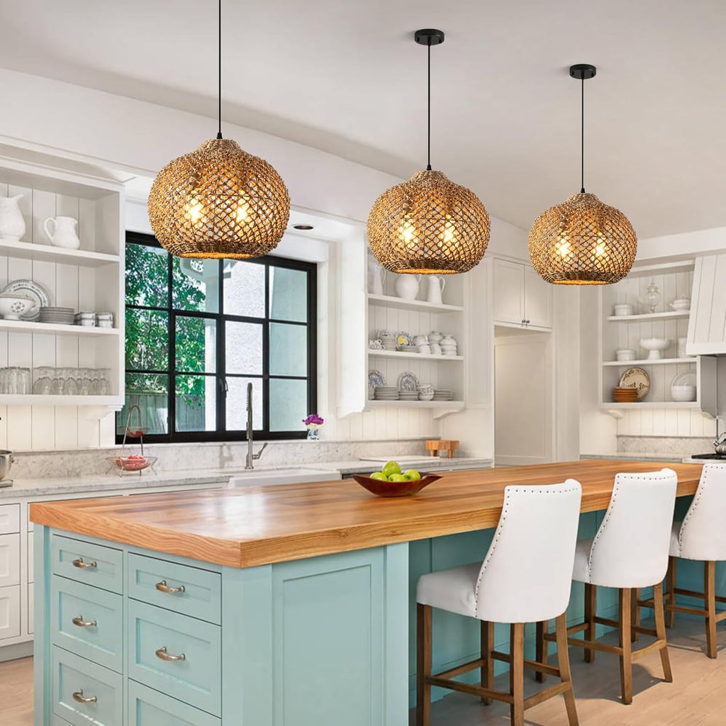 13.79" Rattan Pendant Light, Boho Handmade 2-Light Wicker Chandelier, for Kitchen Island, Bedroom, Dining Room, Entryway, Foyer