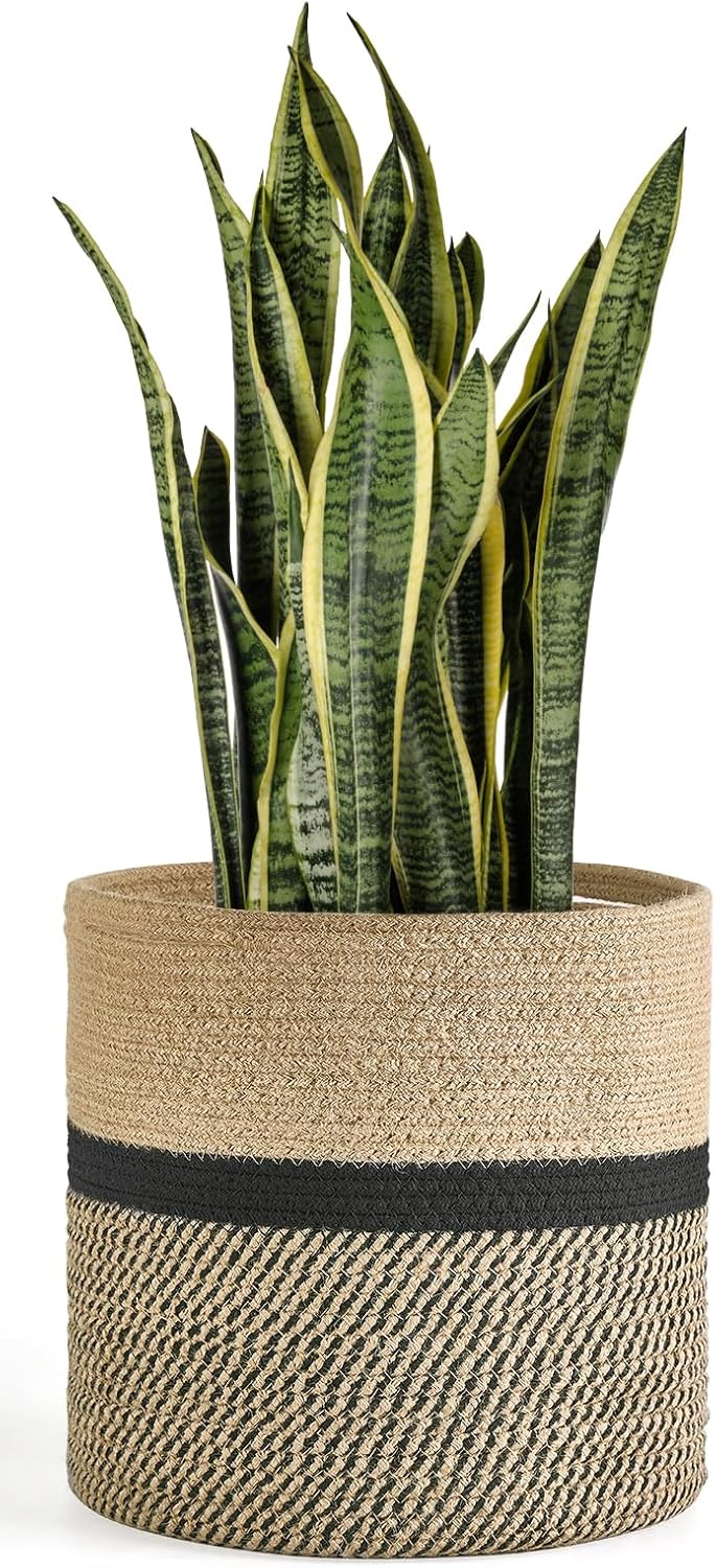 Dahey Jute Rope Plant Basket Modern Woven Storage Basket for 12" Indoor Planter, Decorative Flower Pots Cover Laundry Bin with Handle Rustic Home Decor, Black