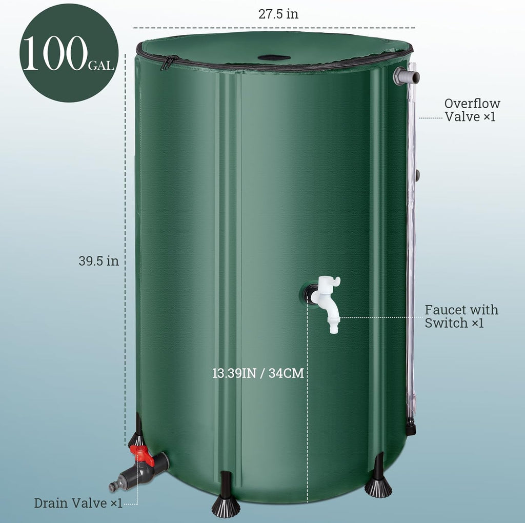100 Gallon Collapsible Rain Barrel, SKM Portable Rain Water Collection Barrel for Garden/Outside/Lawn, PVC Rainwater Collection System Water Tank Storage Container with Spigots & Overflow Kit, Green