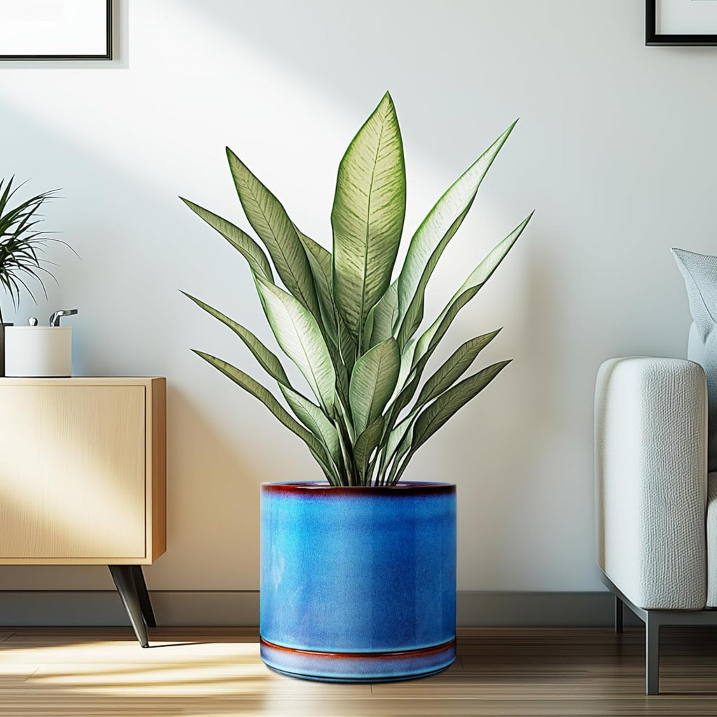 EFISPSS 10 Inch Plant Pot, Ceramic Large Planter for Outdoor Plants, Plant Pots with Drainage Hole and Saucers, Modern Flower Pot for Home Garden Patio Office - Blue