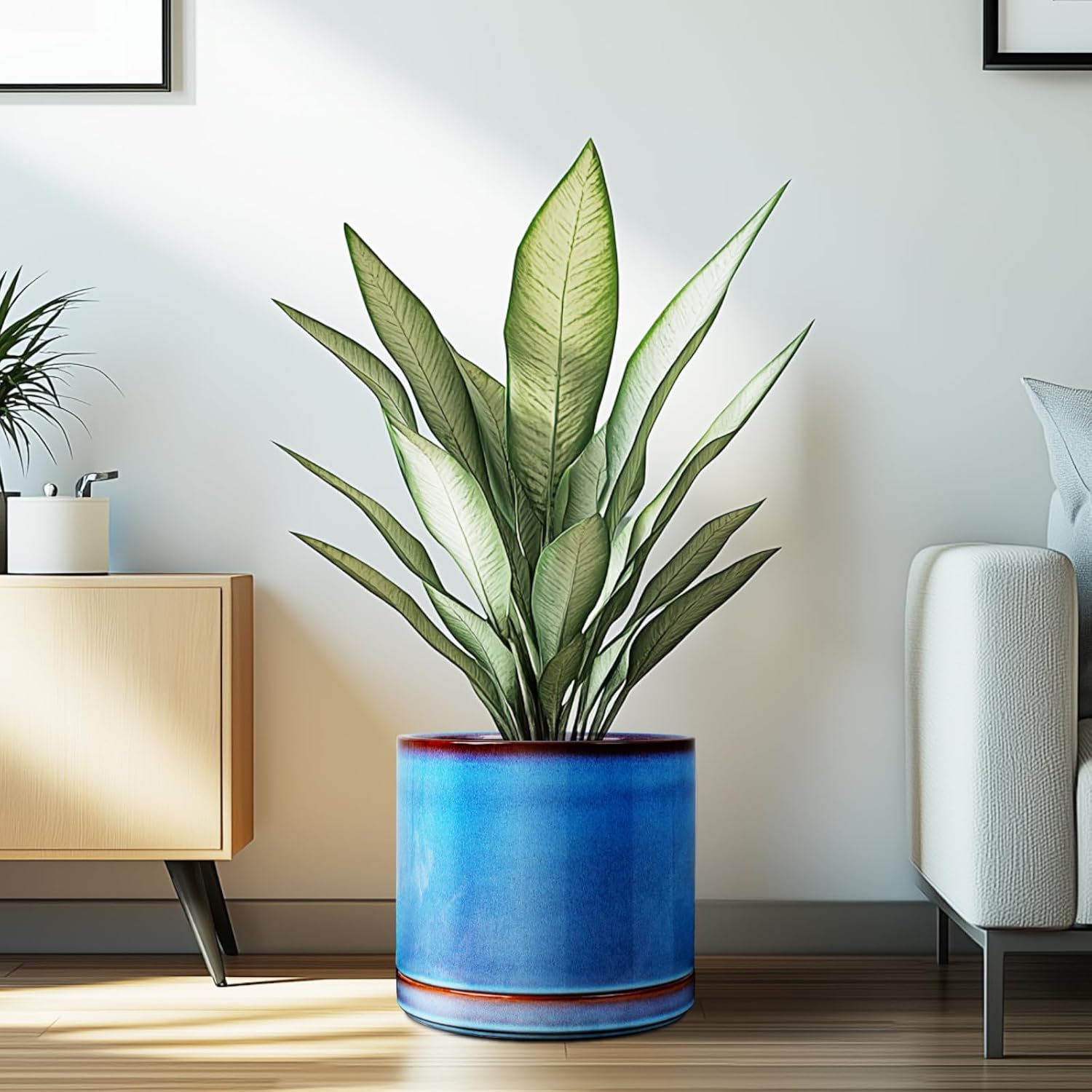 EFISPSS 10 Inch Plant Pot, Ceramic Large Planter for Outdoor Plants, Plant Pots with Drainage Hole and Saucers, Modern Flower Pot for Home Garden Patio Office - Blue