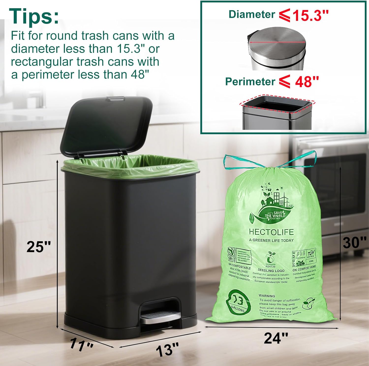 13 Gallon,50 Count, Compostable Trash Bags with Drawstring,Tear Resistant Kitchen Food Scrap Waste Bag, ASTM D6400, US BPI and Europe OK Compost Home Certified