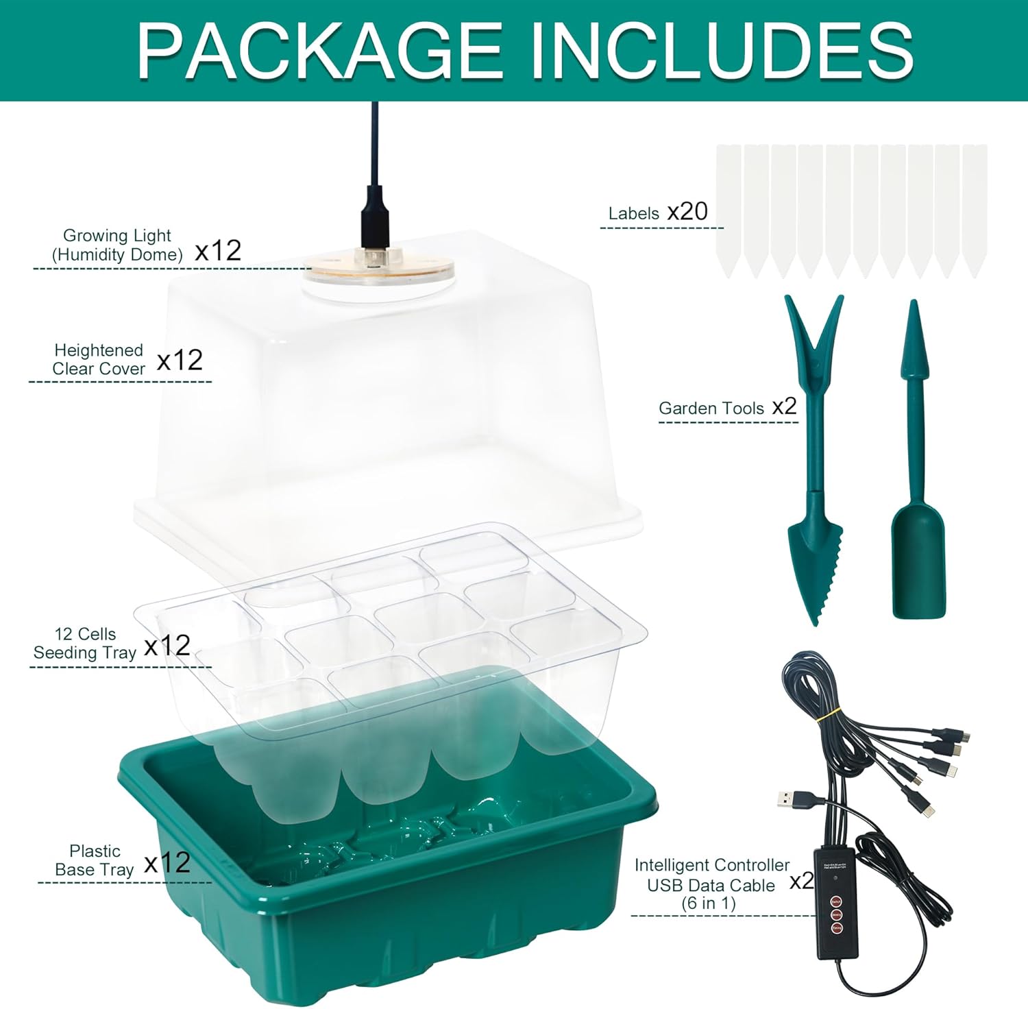 12-Set Seed Starter Tray with Grow Light, Seed Starting Trays Kits with Timing Controller Adjustable Humidity Domes Heightened Lids(12-Cells Per Tray)
