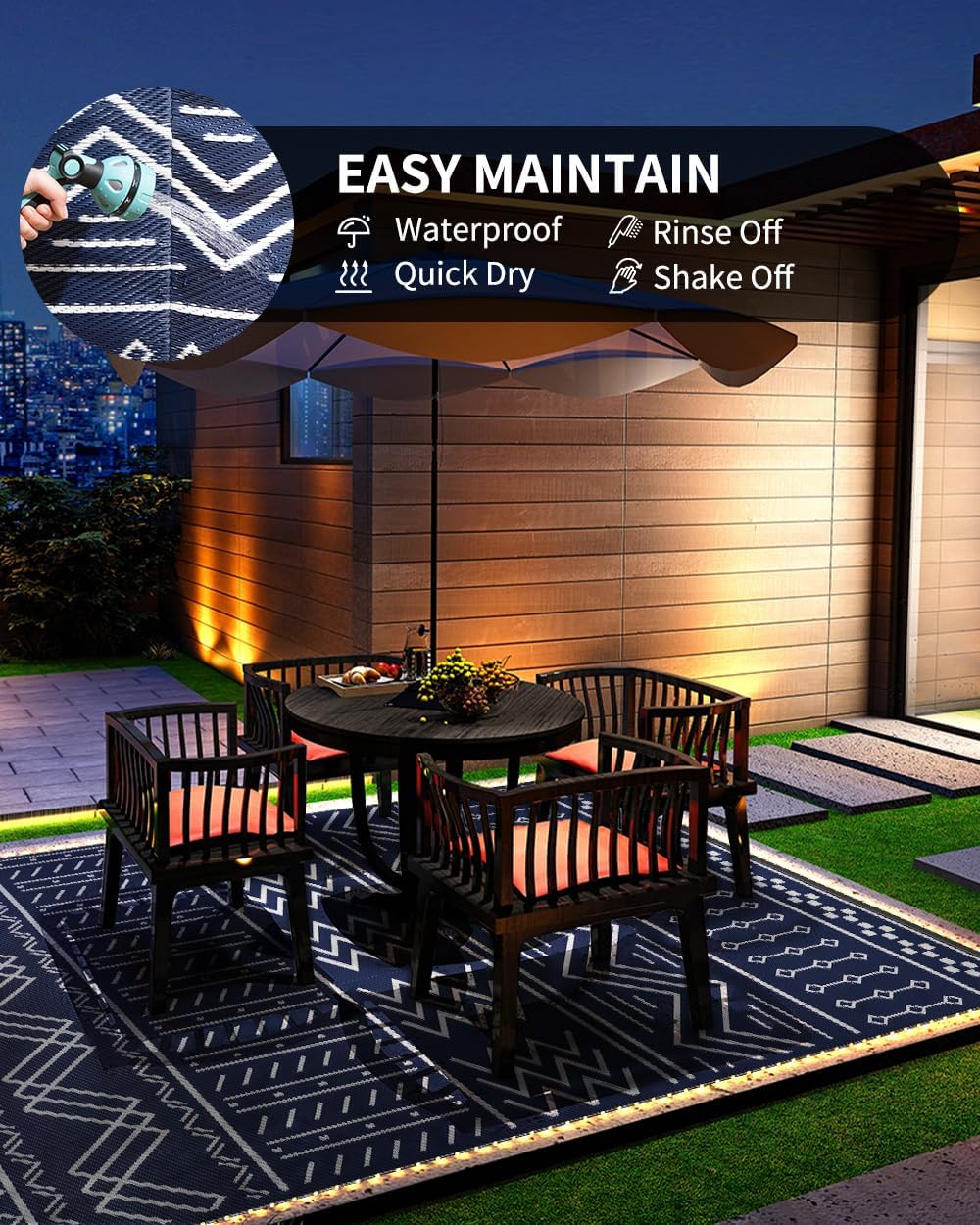 Outdoor Rug Carpet Waterproof 8x10 ft with LED Strip Lights-Patio Rug Mat Indoor Outdoor Rug for RV Camping Picnic Reversible Lightweight Plastic Straw Outside Rug for Patio Decor Decoration Boho Rug