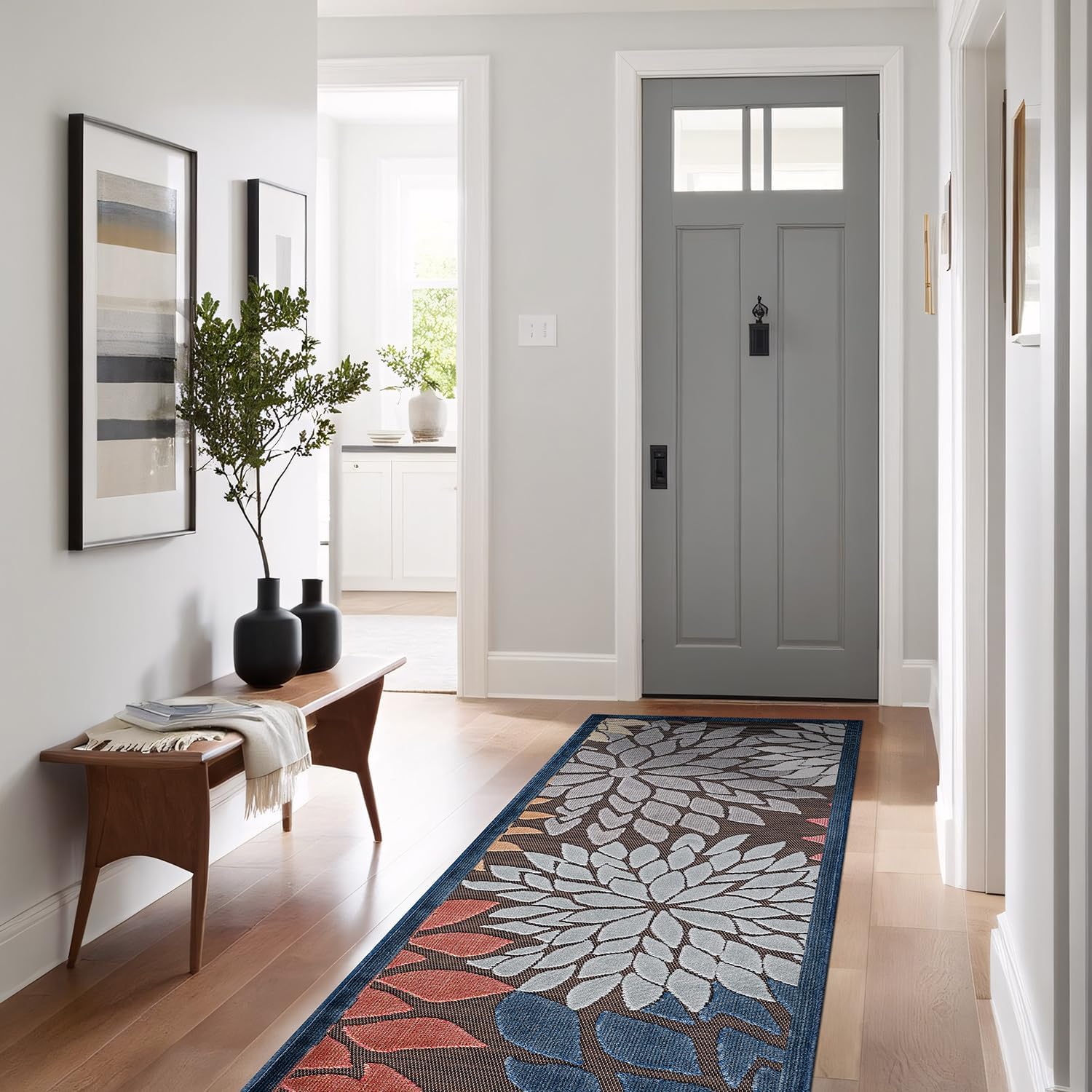 Beverly Rug Outdoor Runner Rug 2x7 Modern Floral Tropical Area Rugs for Indoor and Outdoor Patio Easy to Clean Non Shedding Living Room Porch Garden Washable Outside Carpet (2 x 7 Brown)