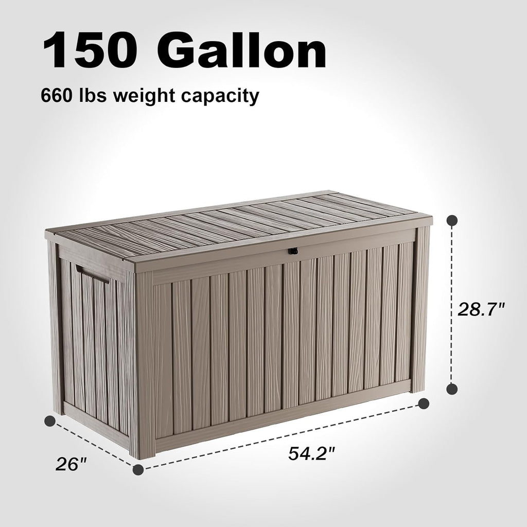 150 Gallon Deck Box,Resin Outdoor Storage Box with Lockable for Patio Furniture, Pool Accessories, Garden Tools Waterproof Outside Storage Box, Grey