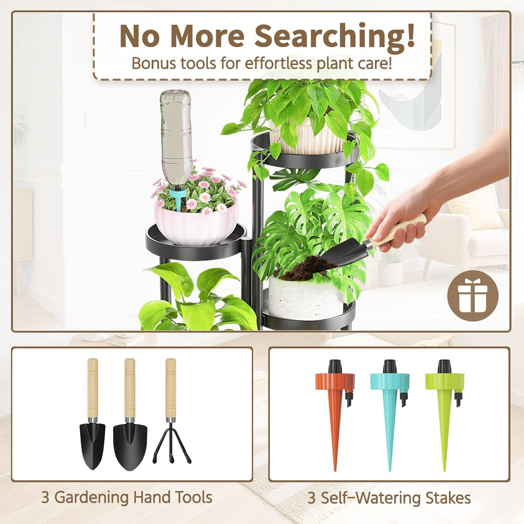 LASZOLA 5 Tiered Folding Tall Plant Stand Indoor for Multiple Large Planter, Heavy Duty Metal Adjustable Flower Rack for Narrow Corner, Sturdy Vertical Spiral Shelving Holder for Modern House, Black