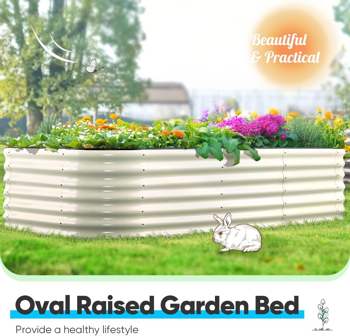 Quictent Galvanized Tall Raised Garden Bed Kit, 8x4x2 ft Oval Large Planting Box Rubber Strip Edging, for Vegetables Outdoor Strengthened by Crossbar (Beige)