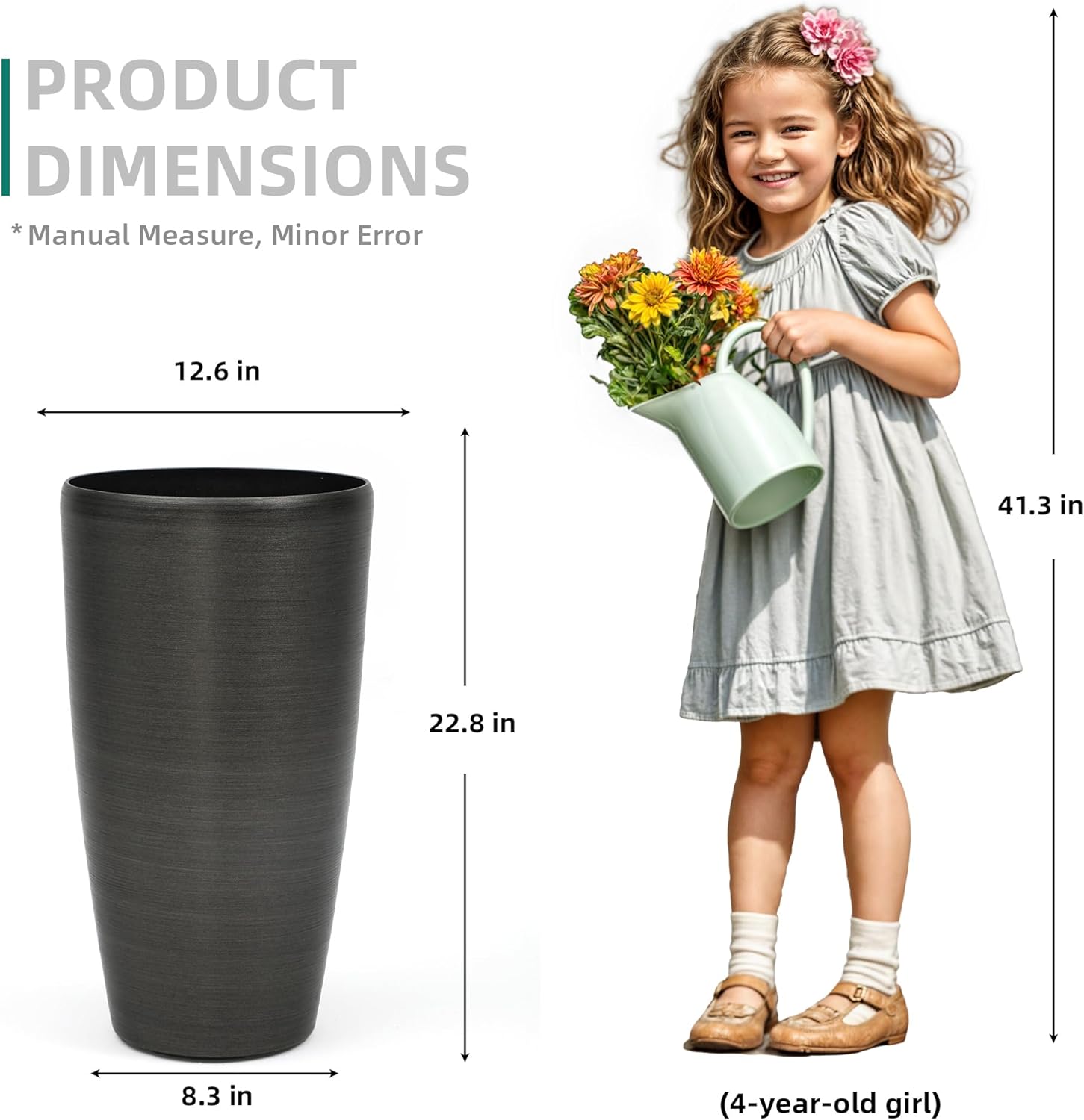 22.8" Large Tall Pot Planters, Set of 2 Modern Flower Pots with Handmade Brushed Metal Finish, Weather-Resistant for Indoor/Outdoor Year-Round Use