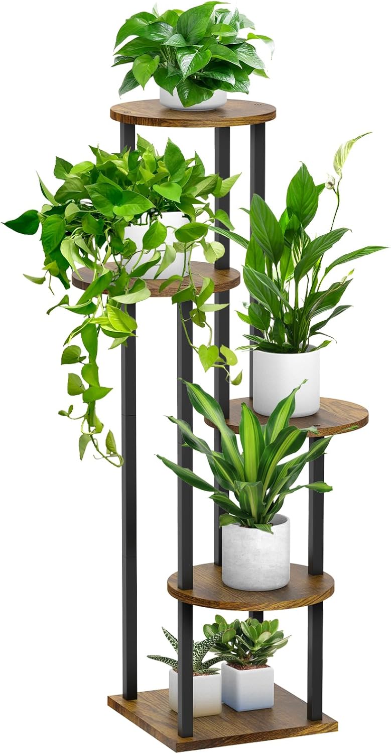5 Tier Plant Stand Indoor, Metal Wooden Tall Plant Shelf Flower Pot Stand for Multiple Plants, Corner Flower Holder Plant Display Rack for Living Room Balcony Patio Garden (Rustic Brown)