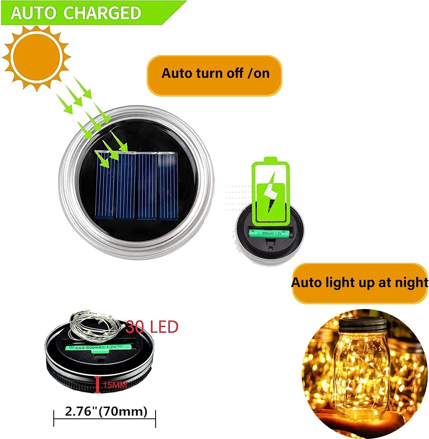 Solar Mason Jar Lights Lids, 8 Pack 30 Led Fairy Lights(Jars Not Included), Outdoor Hanging Mason Jar Solar Lights, Fairy in a Jar Solar Firefly Lights for Patio Garden Table Decor