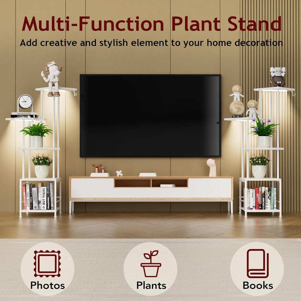 Plant Stand Indoor with Grow Light, 5-Tiered Tall Plant Stand Indoor, Metal Plant Shelf with Hanging Basket Hook and Adjustable Light, Ideal for Living Room, Garden, Patio white