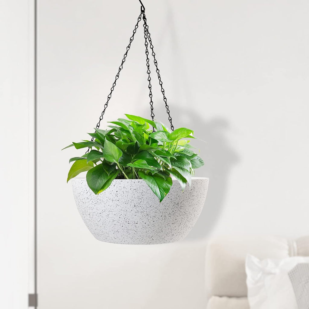 10 inch Hanging Planters for Outdoor Indoor Plants with Drainage Holes and Chain, 2 Pack Round Hanging Flower Plant Pots for Garden Home Porch Decor, Speckled White