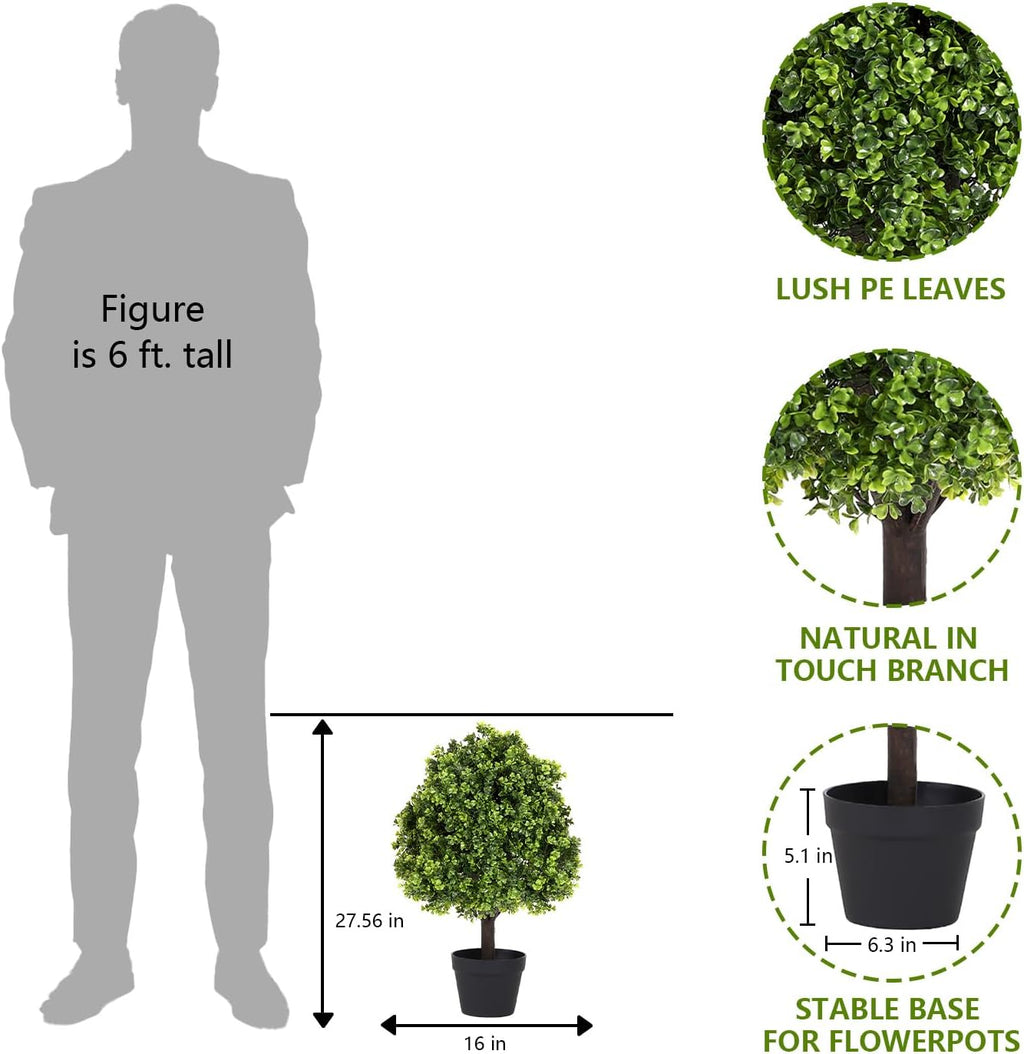 27“ Realistic Artificial Boxwood Topiary Trees Set of 2, Faux Boxwood Plants Outdoor UV-Resistant, No Maintenance Curb Appeal Fake Evergreen Bushes & Shrubs for Front Porch Outside Planter Decor