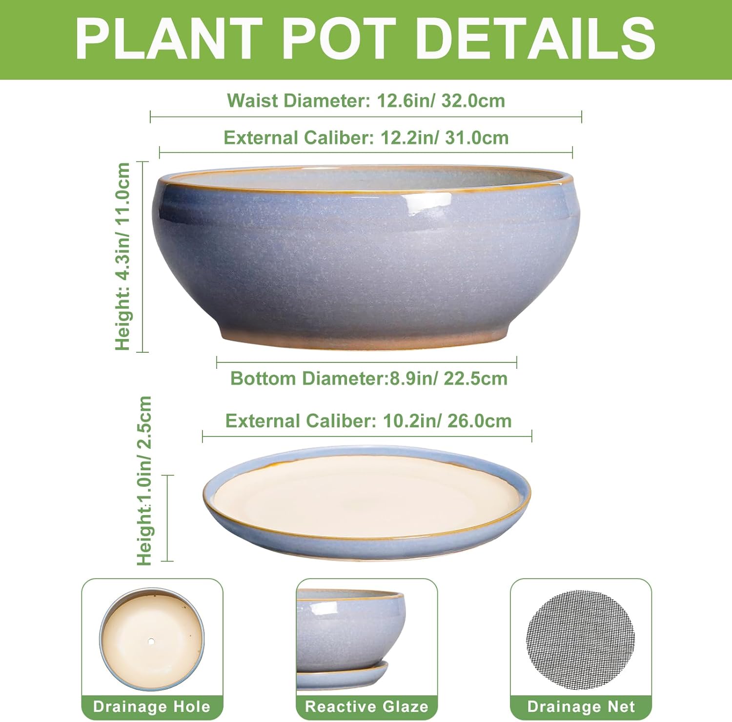 SQOWL 12 Inch Bonsai Pots - Shallow Ceramic Planter for Indoor Plants Outdoor, Large Succulent Pots with Drainage Hole and Saucer, Round Planter Bowl, Porch Decor, Gifts for Plant Lover, Blue