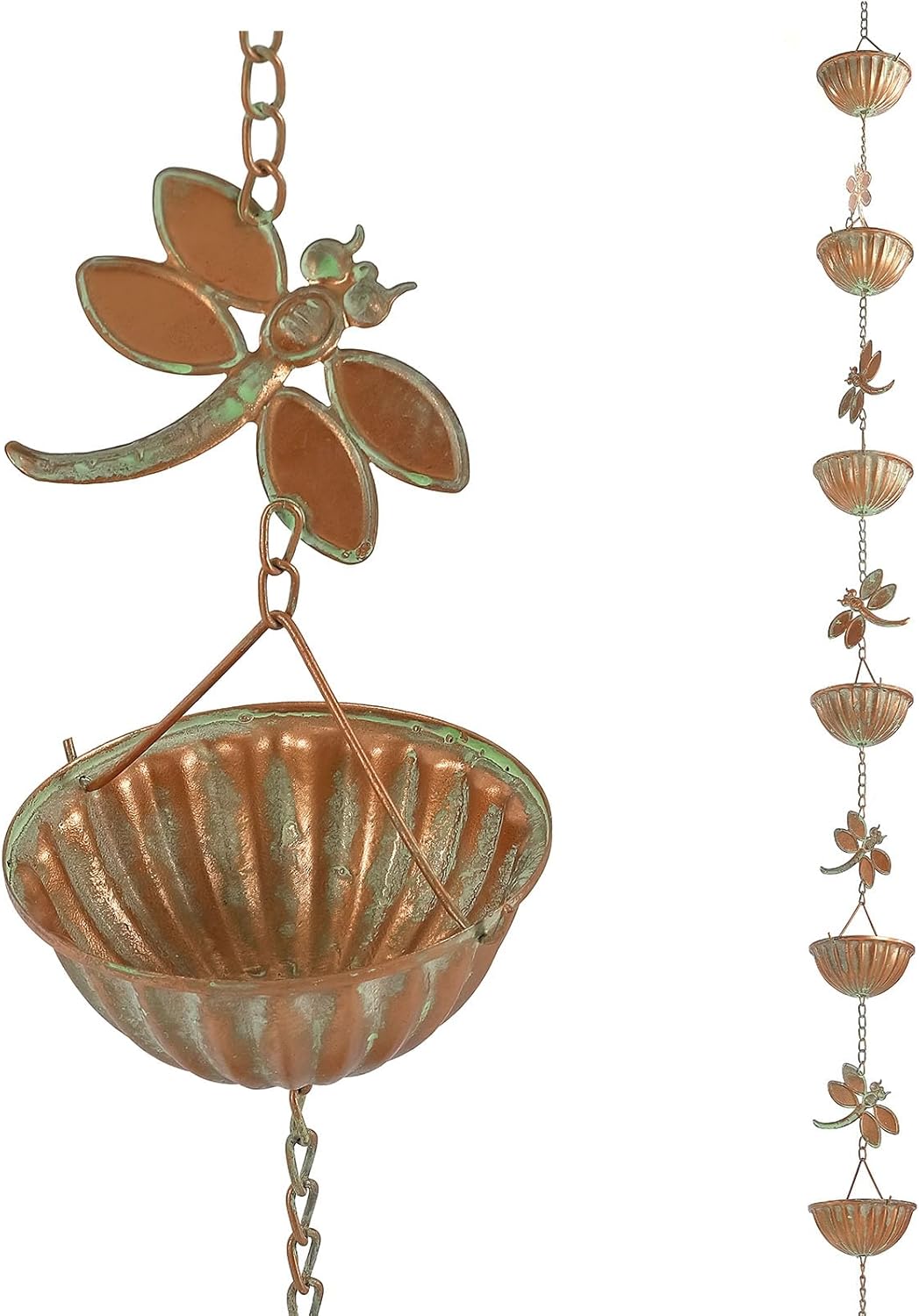 Dragonfly & Bowl Rain Chains, 8.5 ft Length Decorative Rain Catcher Chain for Gutters Outside, Iron Rain Gutter Replacement Downspout, Patina Color