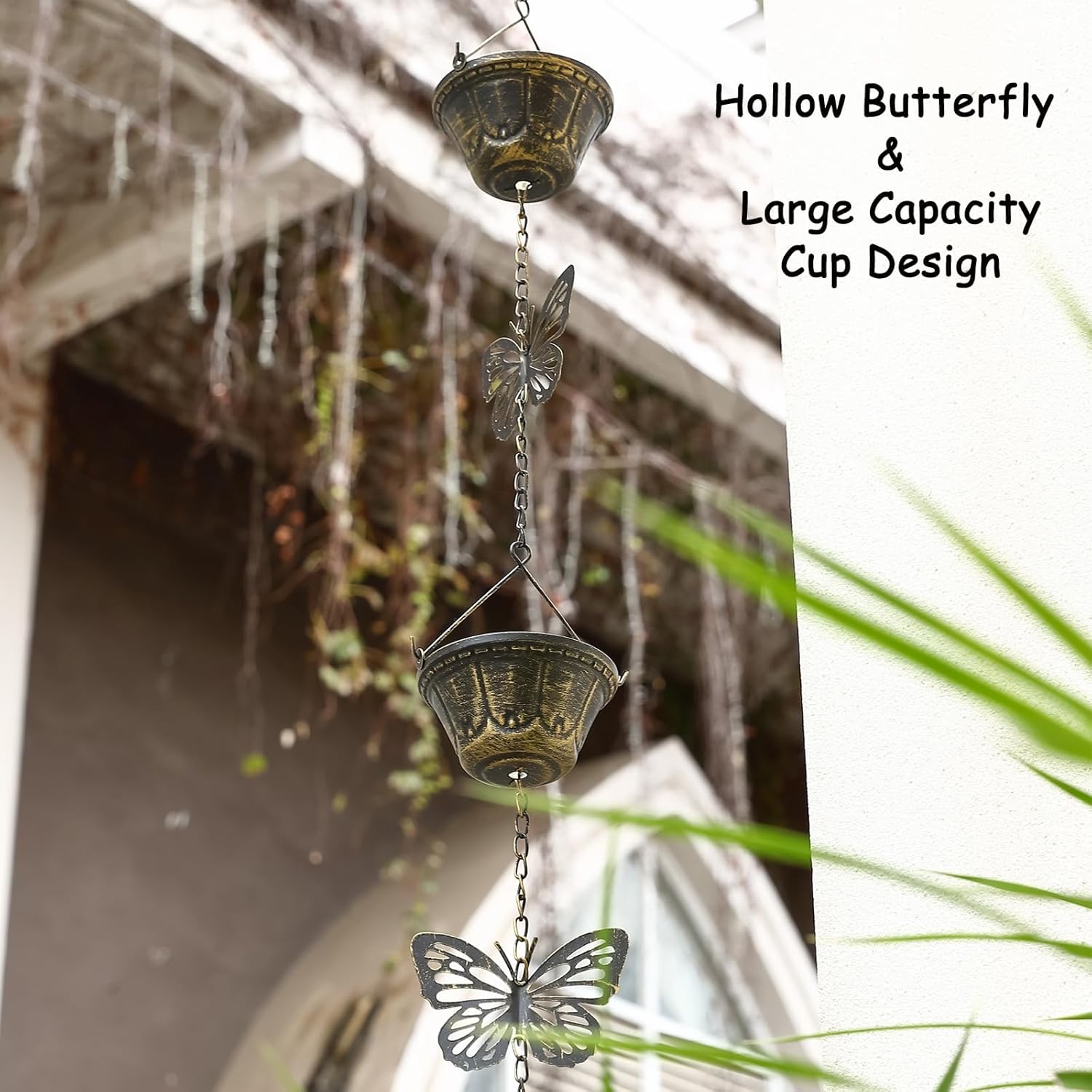 8.5FT Rain Chains for Gutters Downspouts, Butterfly and Cup Rain Gutter Chain, Functional and Decorative Replacement Rainchains for Downspout, Metal Rain Catcher Chimes for Outside, Vintage Copper