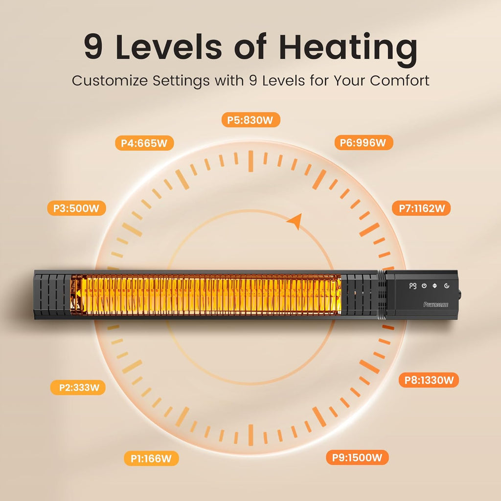 Infrared Heater 24H Timer Outdoor Heater, IP65, Memory Function Infrared Electric Patio Heater, 9 Levels Heating Touchscreen With Remote Electric heater, Restaurant Backyard, 1500W, Black