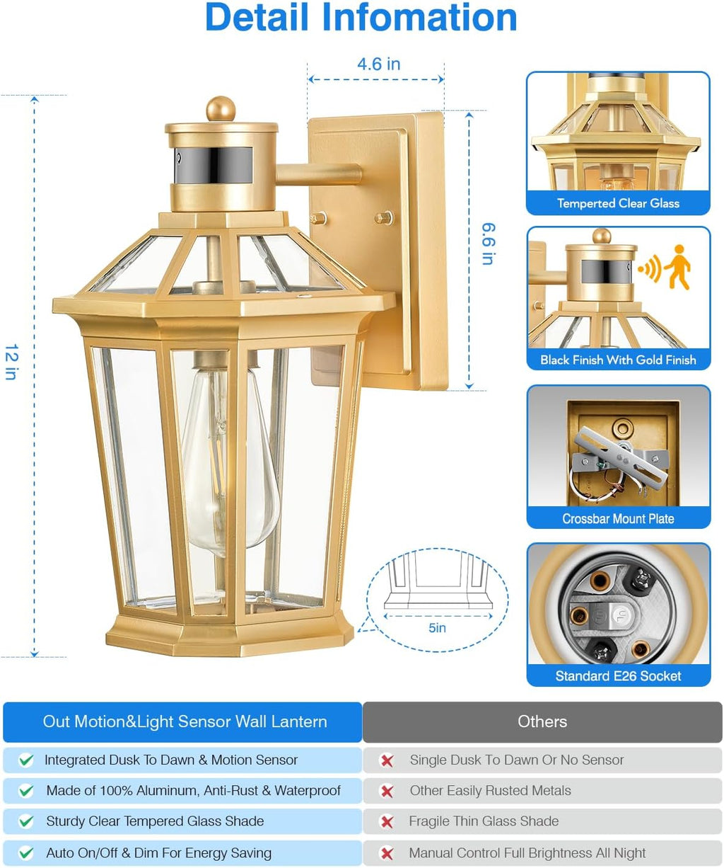 VIANIS Outdoor Wall Lights Lantern, 2 Pack Gold Motion Sensor Proch Light, Dusk to Dawn Weather Resistant Exterior Lights for House Sconce, Waterproof Garage Lights with Clear Glass Shade