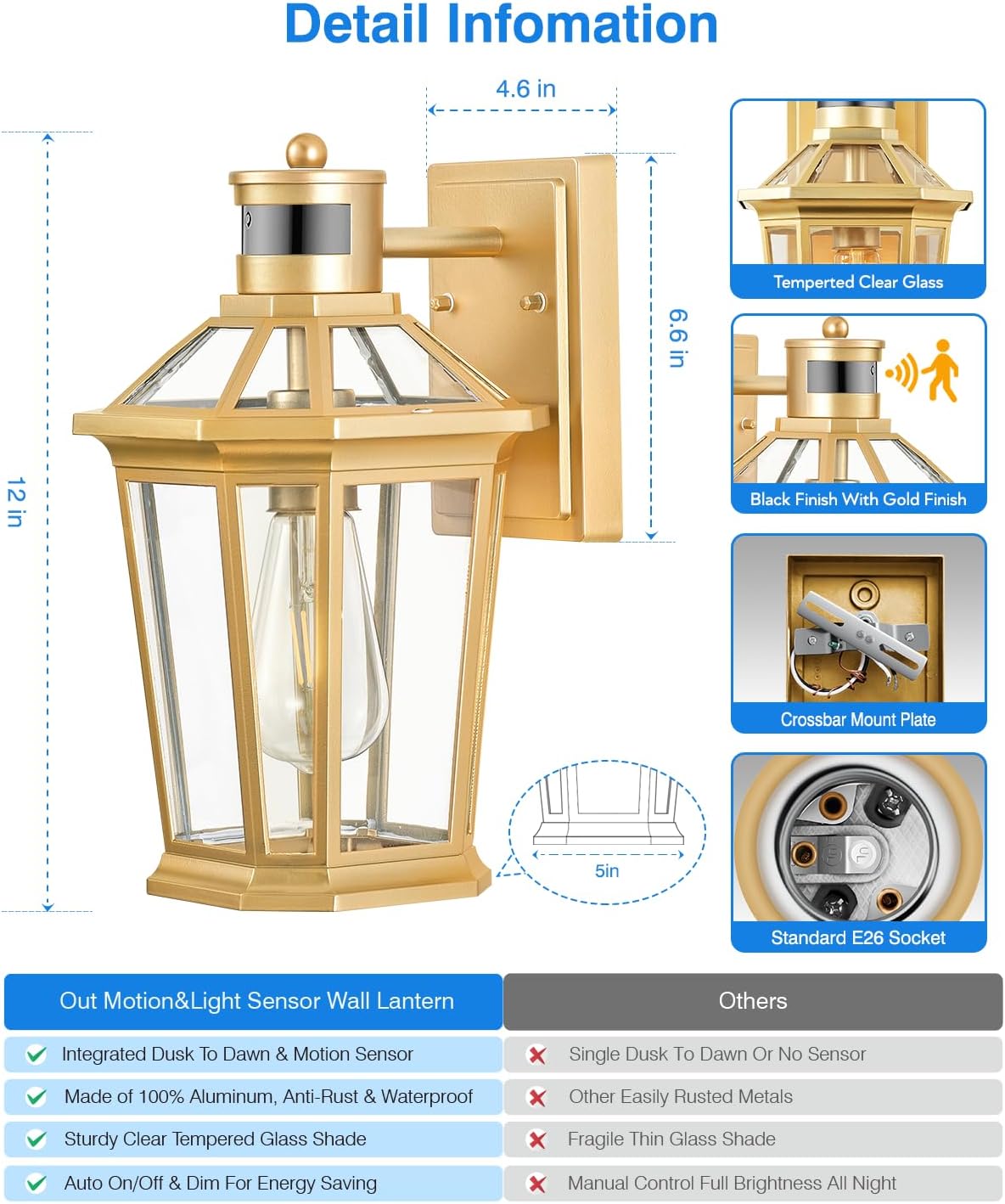 VIANIS Outdoor Wall Lights Lantern, 2 Pack Gold Motion Sensor Proch Light, Dusk to Dawn Weather Resistant Exterior Lights for House Sconce, Waterproof Garage Lights with Clear Glass Shade