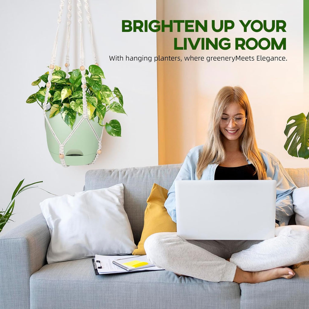 2-Pack 7..1-Inch Self-Watering Hanging Planters for Indoor & Outdoor Plants,34Inch Macrame Hanger Plant Pots Indoor with Drainage,Small Hanging Planters & Baskets,With Two Sets of Hooks（Pure green）