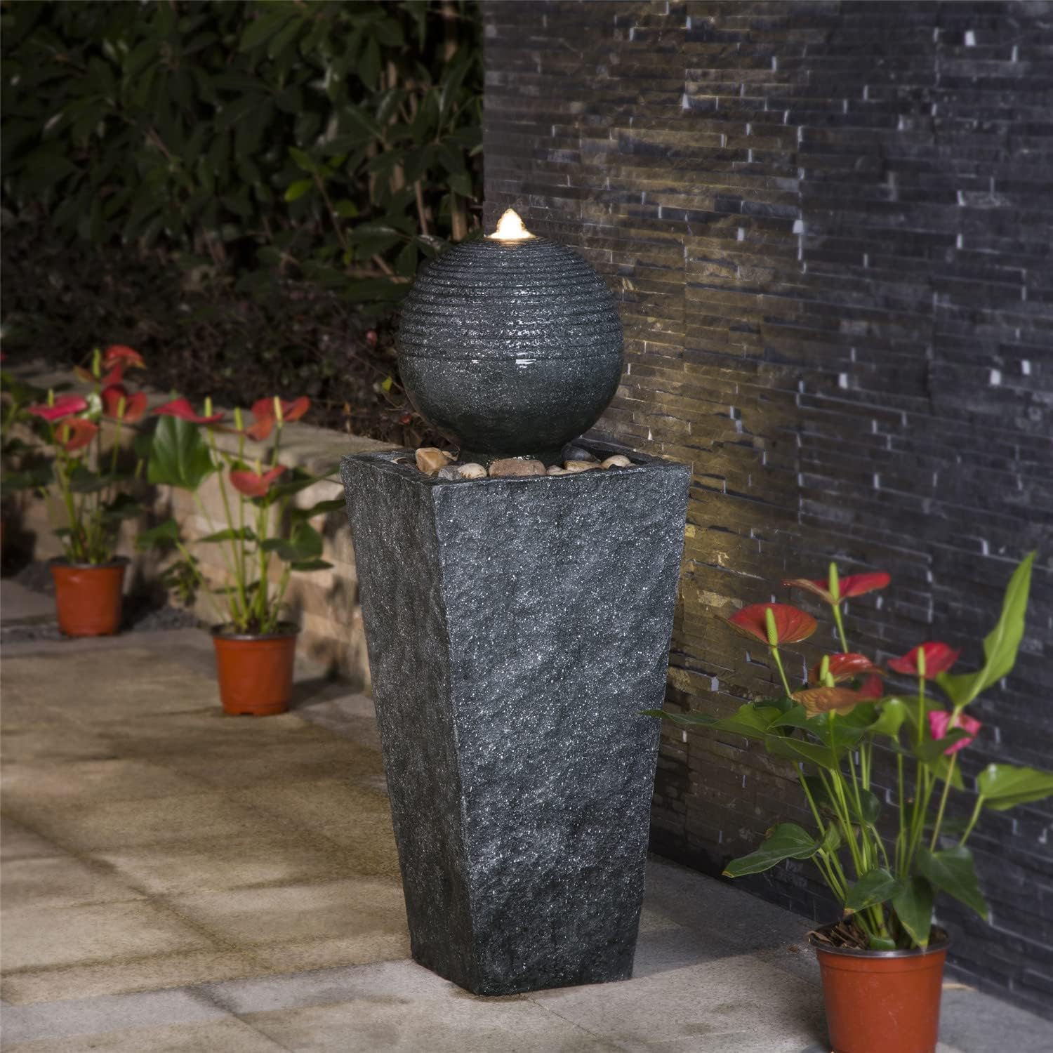 Glitzhome Outdoor Water Fountain with LED Light, Decorative Sphere Pedestal Outdoor Fountain with Submersible Pump, Vintage Waterfall Fountains for Garden Patio Deck Porch, 31.69”H