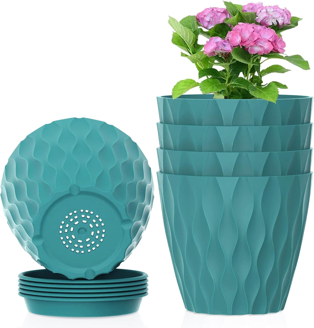 6 inch Flower Pots, 5 Pack Plant Pots for Indoor Plants, Water Ripples Plastic Planters with Drainage Holes and Saucers, Nursery Pots for Small Succulent Garden House Plants, Blue Green