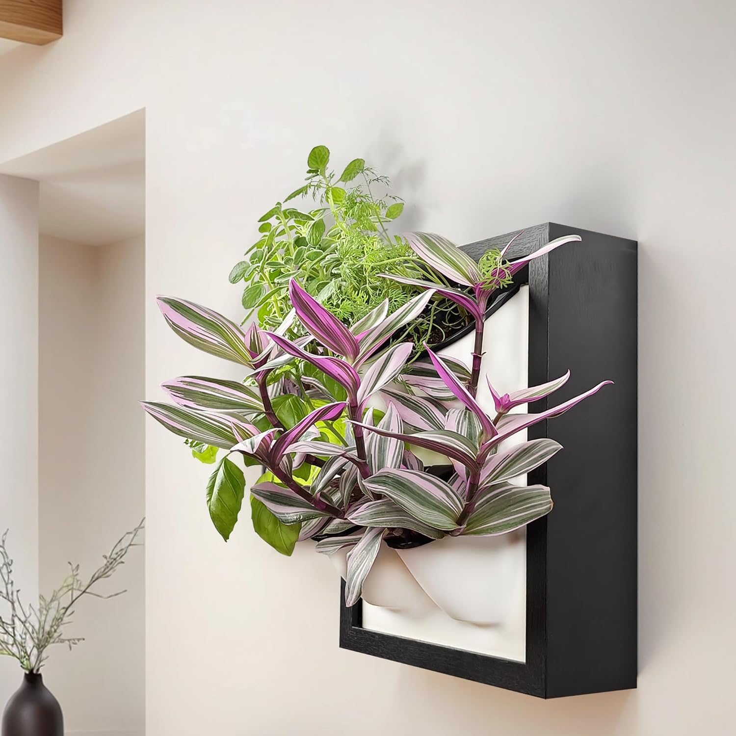 Wall Garden 4 Vertical Wall Planter, 4 Pots Wood Frame Self Watering Living Planter for Home Office Decor, Wall-Mounted Planter for Indoor Houseplants (Black)
