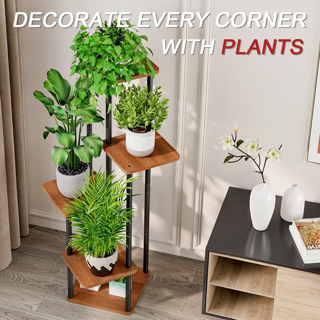AZERPIAN Plant Stand 5 Tier Indoor Metal Flower Shelf for Multiple Plants Corner Tall Flower Holders for Patio Garden Living Room Balcony Bedroom, Walnut (5 Tier-Walnut)
