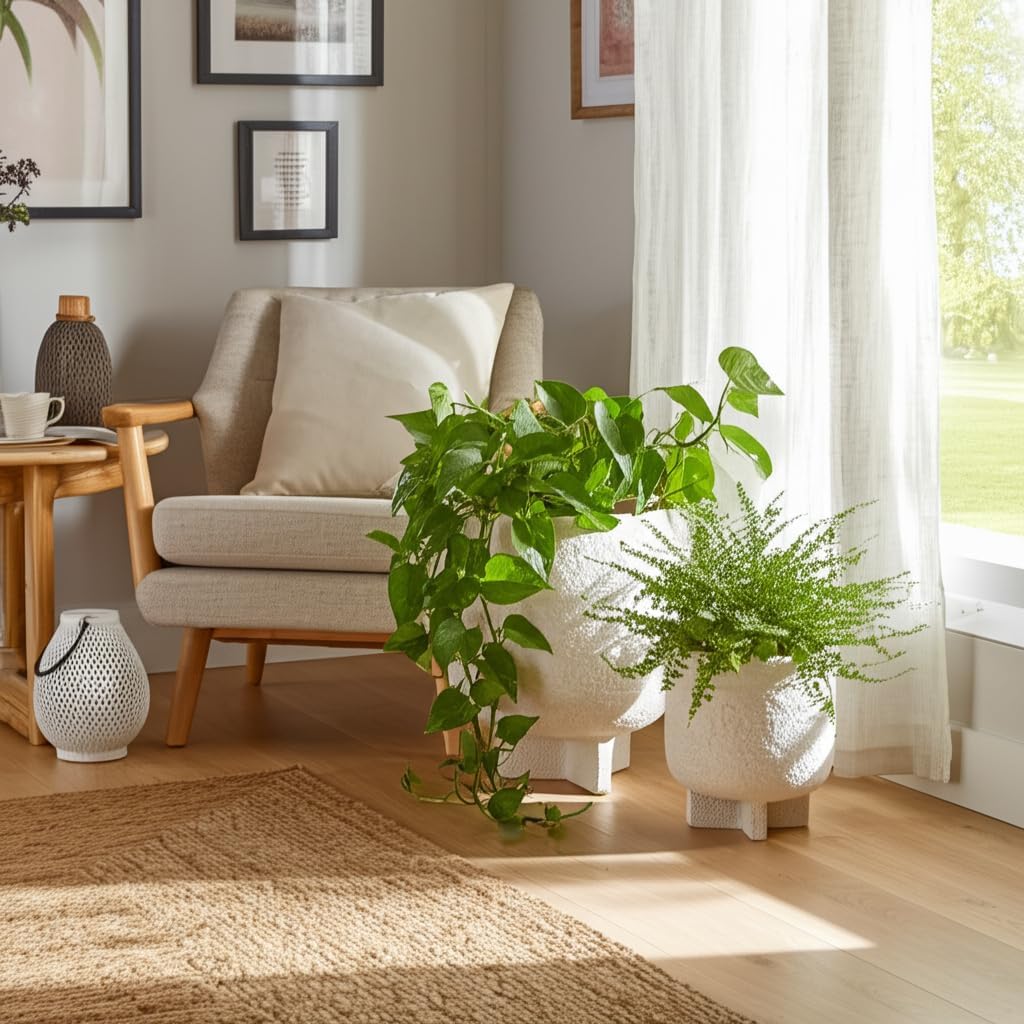 Decorative Ceramic Flower Pots for Home Decor – Planters with Textured Finish for Indoor and Outdoor Plants – Modern Pedestal Plant Pots for Garden, Patio, or Room Decor; Set of 2 – 8", 6" White