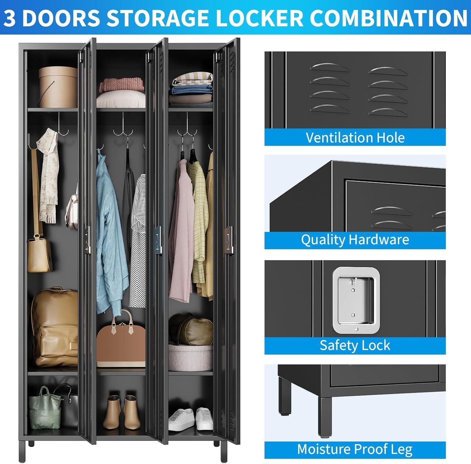3 Doors Metal Lockers for Employees with 6 Hooks, Black Steel Storage Locker Cabinet, 72" Tall Lockers for Offices School Gyms Home Bedroom
