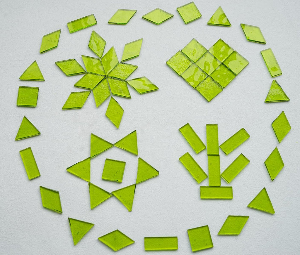 4 Shapes Large Transparent Mosaic Tiles for Mosaic Crafts, 200G Textured Stained Glass Supplies for Glass Mosaic Pieces, 70pcs Bulk Glass Mosaic Tiles for Glass on Glass Project, Green Grass
