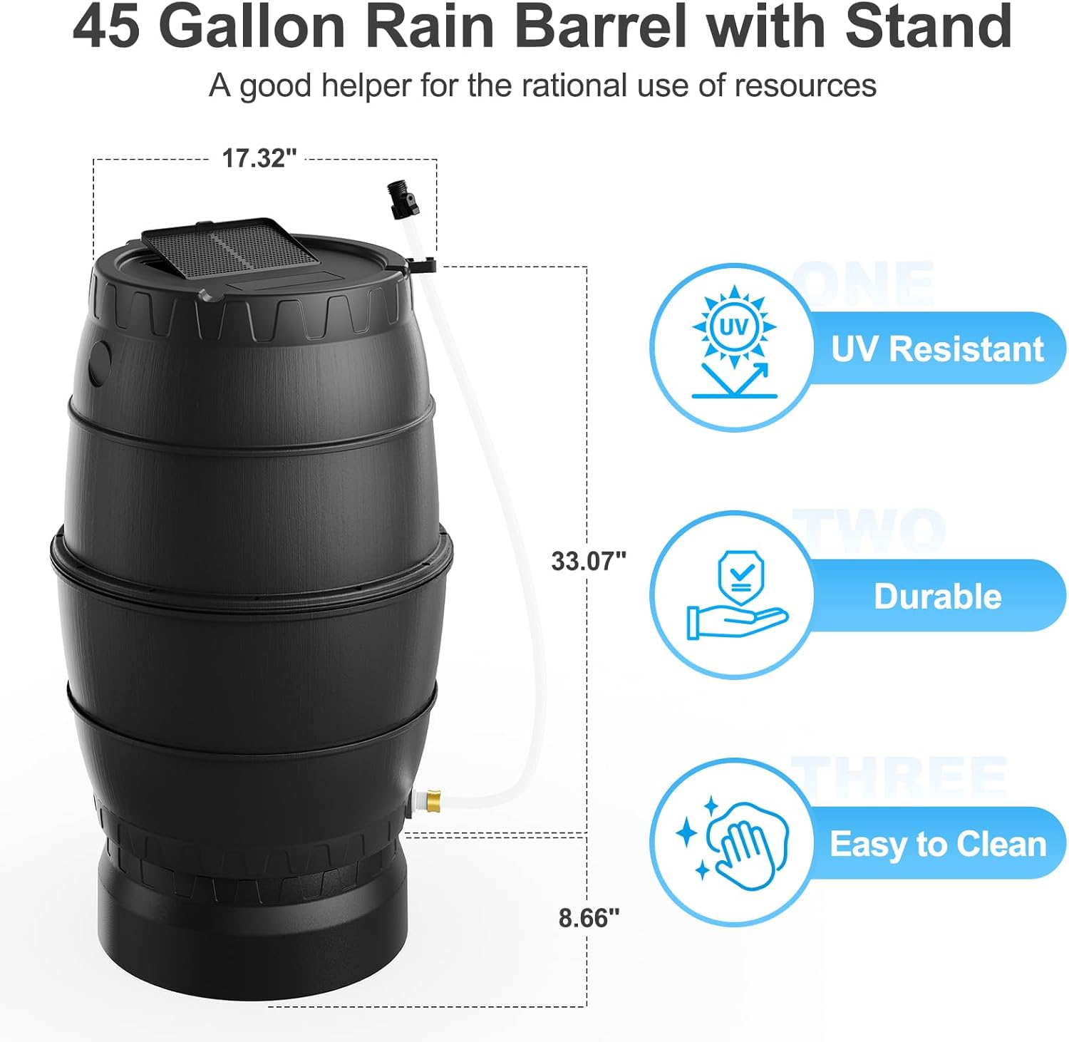 EJWOX Rain Barrel with Stand to Collect Rainwater from Gutter, Heavy Duty BPA Free Rain Water Collection Barrel with Spigot and Filter (45 Gallon, Black)