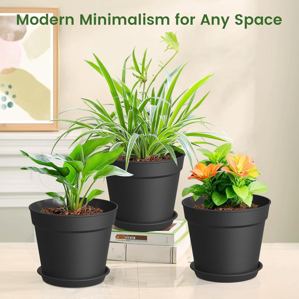 20 Pack 6 Inch Plant Pots with Drainage and Saucers, Black Plastic Flower Pots for Indoor and Outdoor Plants, Stackable Nursery Planters for Houseplants and Herbs, Black