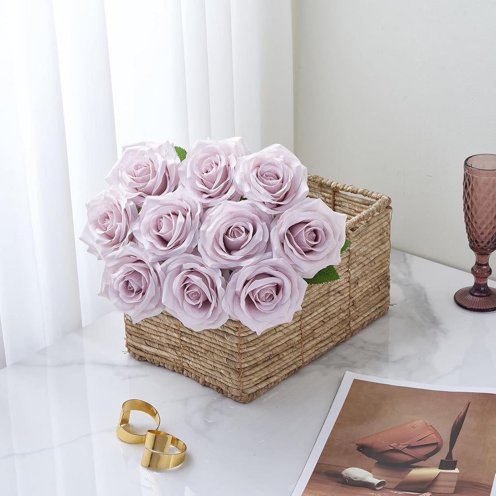 Artificial Rose 10pcs Open Flower Bouquet Faux Rose Stems for Wedding Arrangement, Bridal Bouquet, Centerpiece, Fake Faux Silk Flowers (Dusty Purple)
