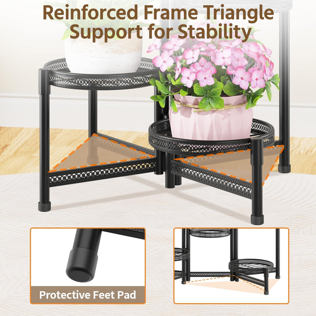 LASZOLA 5 Tiered Folding Tall Plant Stand for Indoor Outdoor Corner, Larger Heavy Duty Metal Adjustable Multiple Rack with 10 Inch Wide Hollow Tray, Flower Planter Holder for Modern House Patio, Black