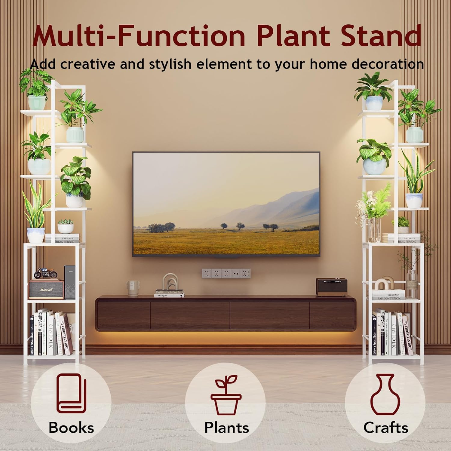 Plant Stand Indoor with Grow Light, 7-Tiered Tall Plant Stand Indoor, Metal Plant Shelf with Bookshelf Bookcase and Adjustable Light, Ideal for Living Room, Reading room, Garden, Patio (white)