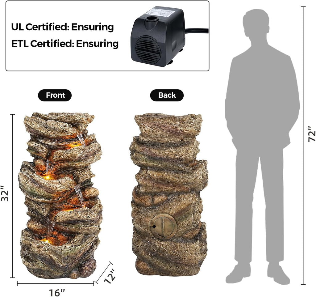 32" High Outdoor Water Fountain, 5-Tiers Cascading Rock Waterfall with LED Lights for Garden, Patio, Yard Decor, Soothing Tranquility for Any Outdoor Living Space