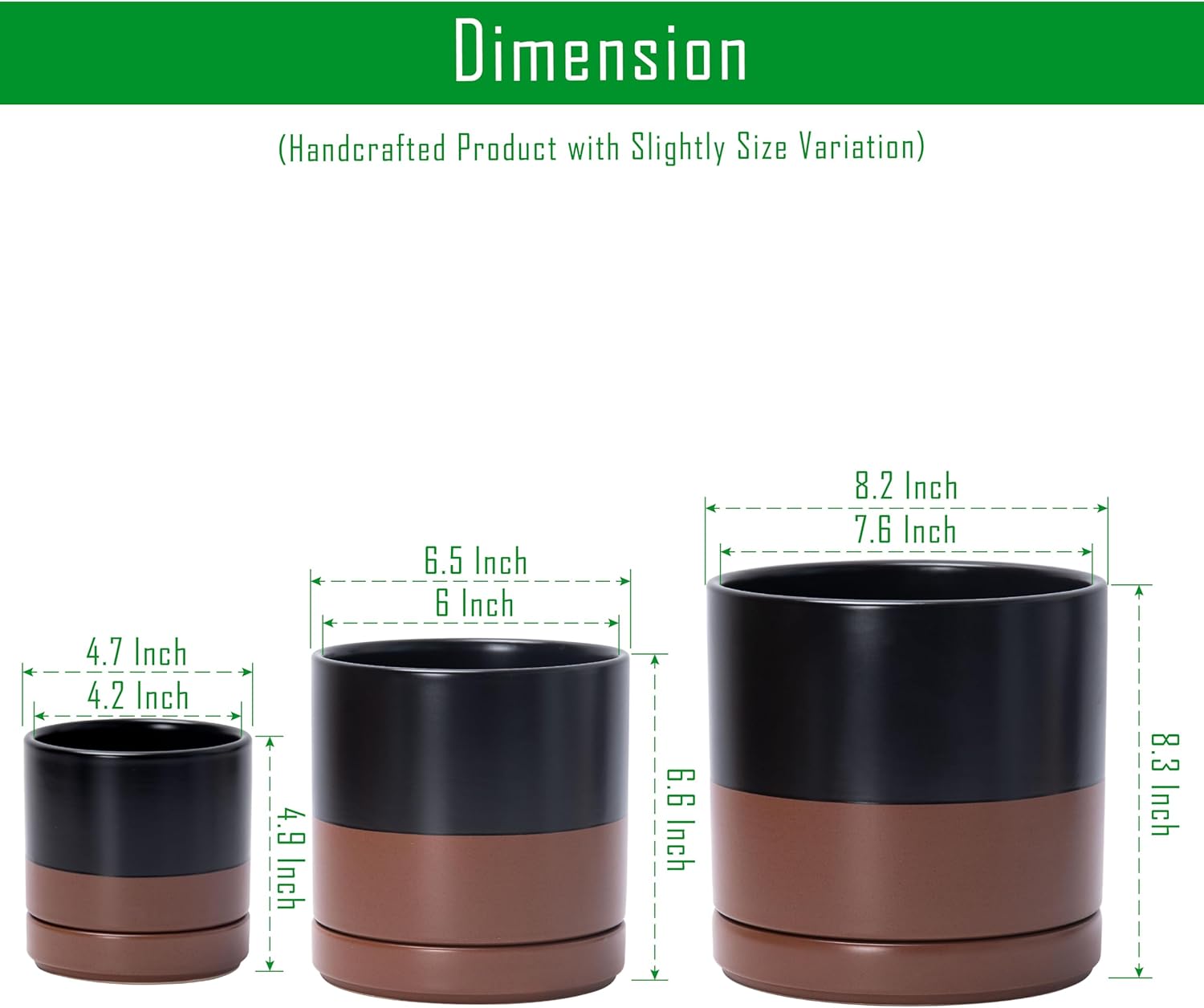 D'vine Dev 4 Inch & 6 Inch & 8 Inch, Set of 3 Round Ceramic Planter Pot with Drainage Hole and Saucer, Black/Speckled Tan, 94-T-M-7