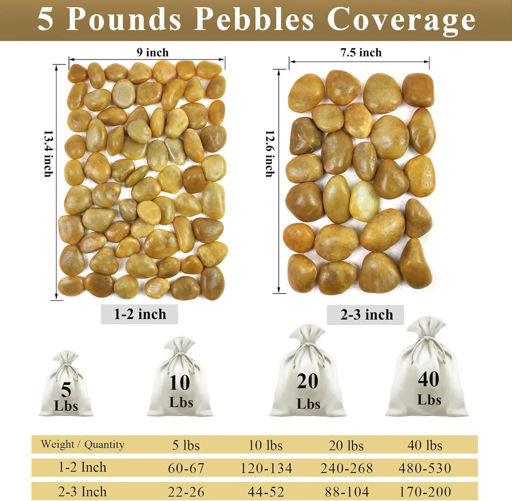 5 lbs Yellow River Rocks, 1-2 Inch Polished Pebbles for Indoor Plants, Decorative Rocks Stones for Landscaping, Vases, Aquariums, Fountains, Pathways, Backyard and Garden