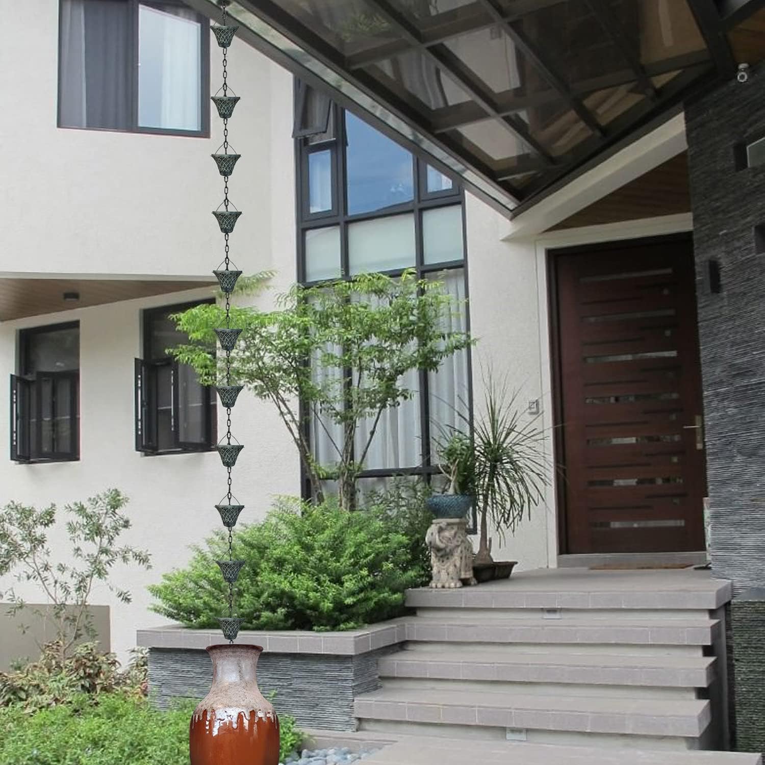 8.5FT Bell Iron Rain Chains for Gutter and Rain Barrel, Rust-Resistant Plated Garden Décor for Downspout, Bonus Rain Chain Gutter Adapter (Antique-Gray)