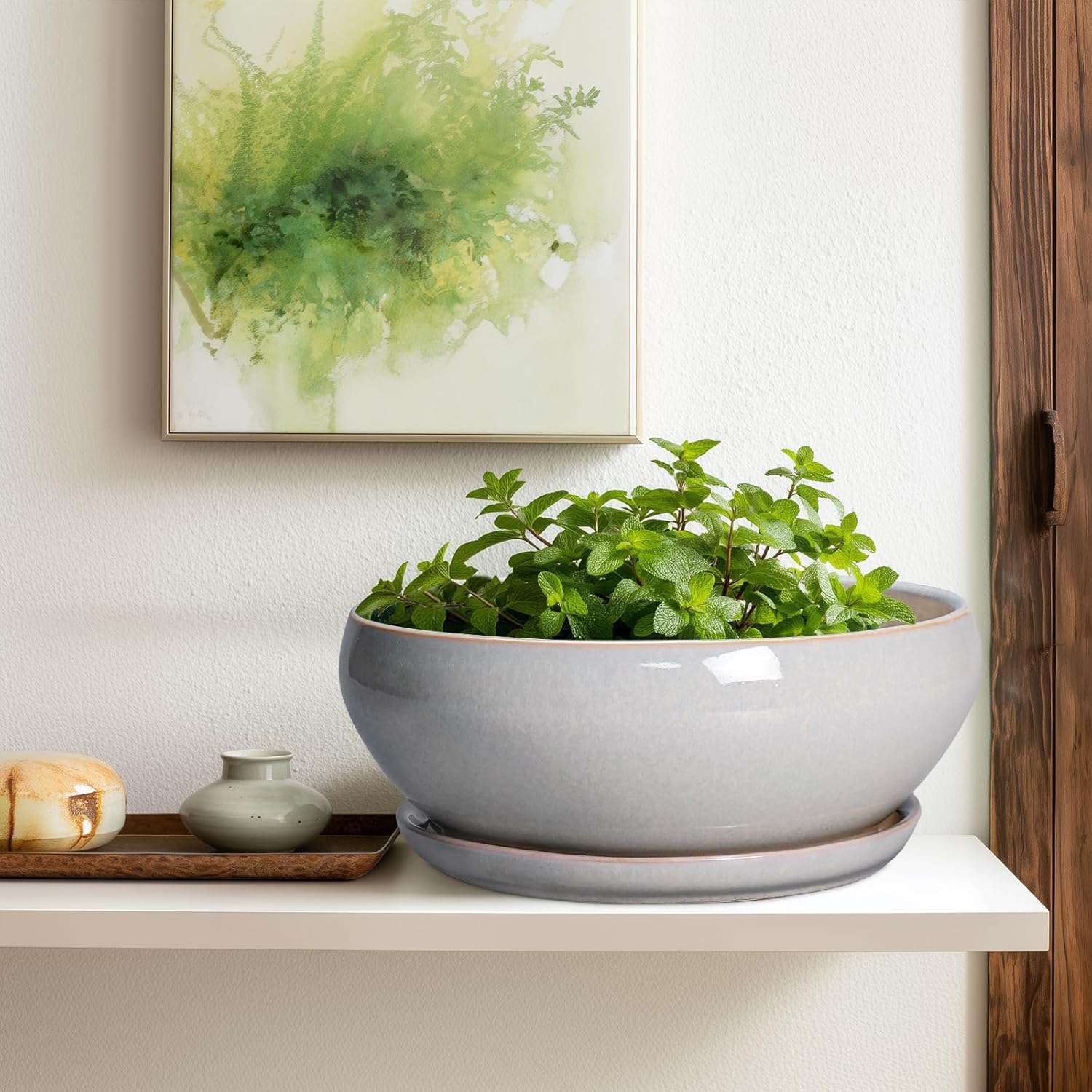 SQOWL 12 Inch Bonsai Pots - Large Ceramic Succulent Pots with Drainage Hole and Saucer, Shallow Planter for Indoor Outdoor Plants Flowers, Round Planter Bowl, Garden Decor, Gifts for Women, Gray