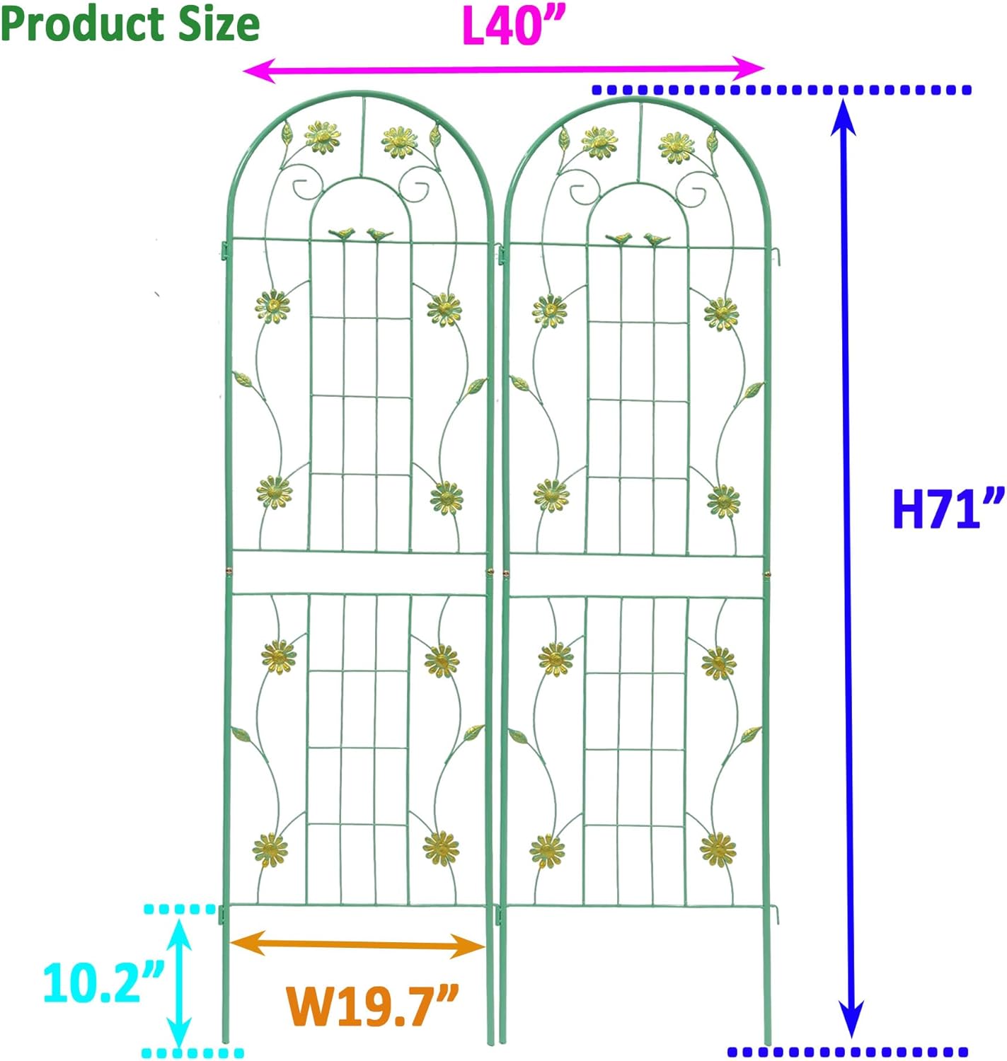 2 Pack Metal Garden Trellis 71" H Garden Fence Rustproof Trellis for Climbing Plants Support Roses Flower Outdoor Lawn, Green