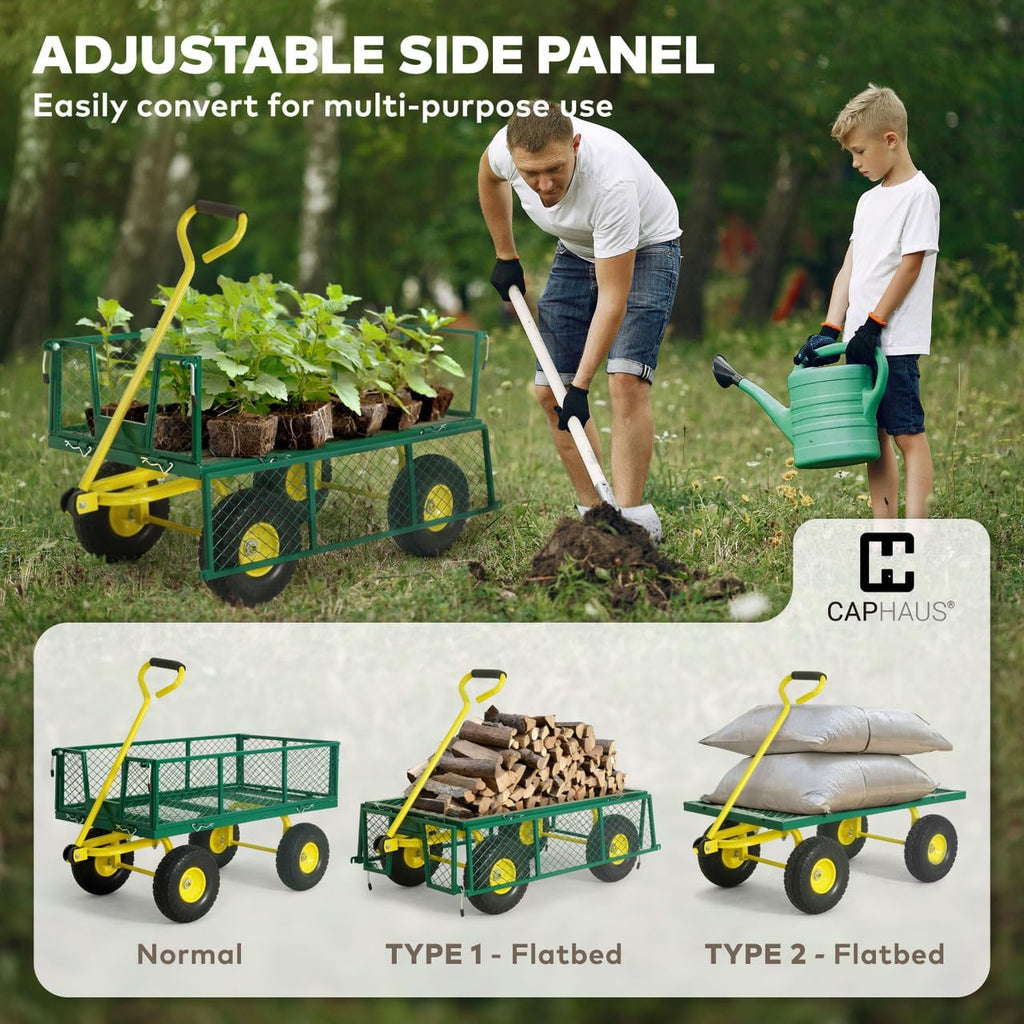 CAPHAUS Metal Green Garden Cart, w/ 180° Adjustable Yellow Handle, w/Mat and Strap, Heavy Duty 880 lbs Capacity, w/ 10” Flat-Free Tires, Sides Removable, Utility Wagon, Yard Cart, for Garden, Farm