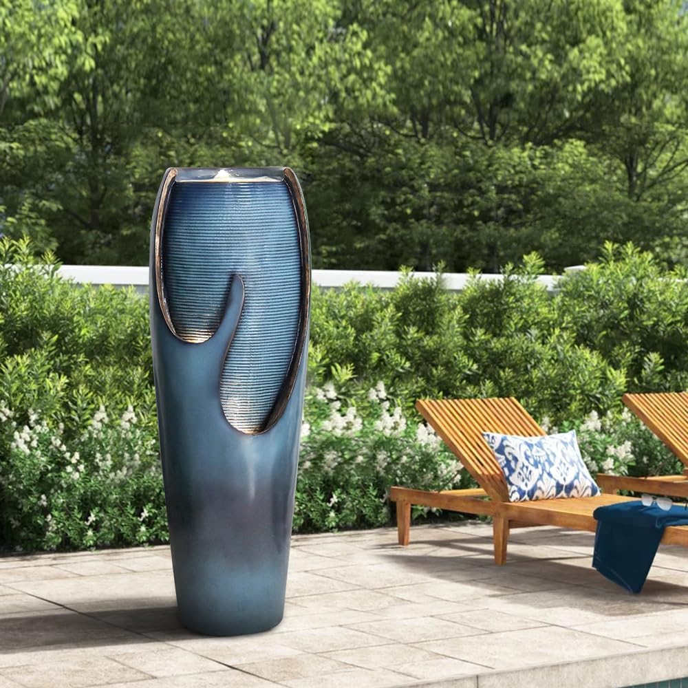 watnature 38.7"H Outdoor Water Fountains and Waterfalls - Indoor Water Jar Fountain Tall Floor Fountain with Lights&Pump for Garden, Patio, House Decor, Modern Indoor Fountains Outdoor Water Features