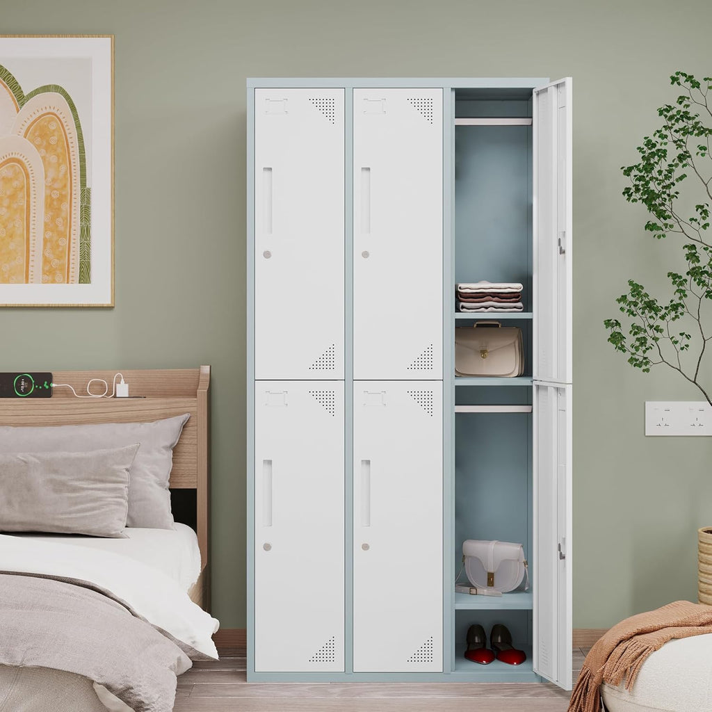 Metal Locker with 6 Doors Employees Locker, Metal Storage Locker with Hooks, 71" Storage Cabinet Lockers for Employees, Home, Office, Gym Requires Assembly (Grey White)