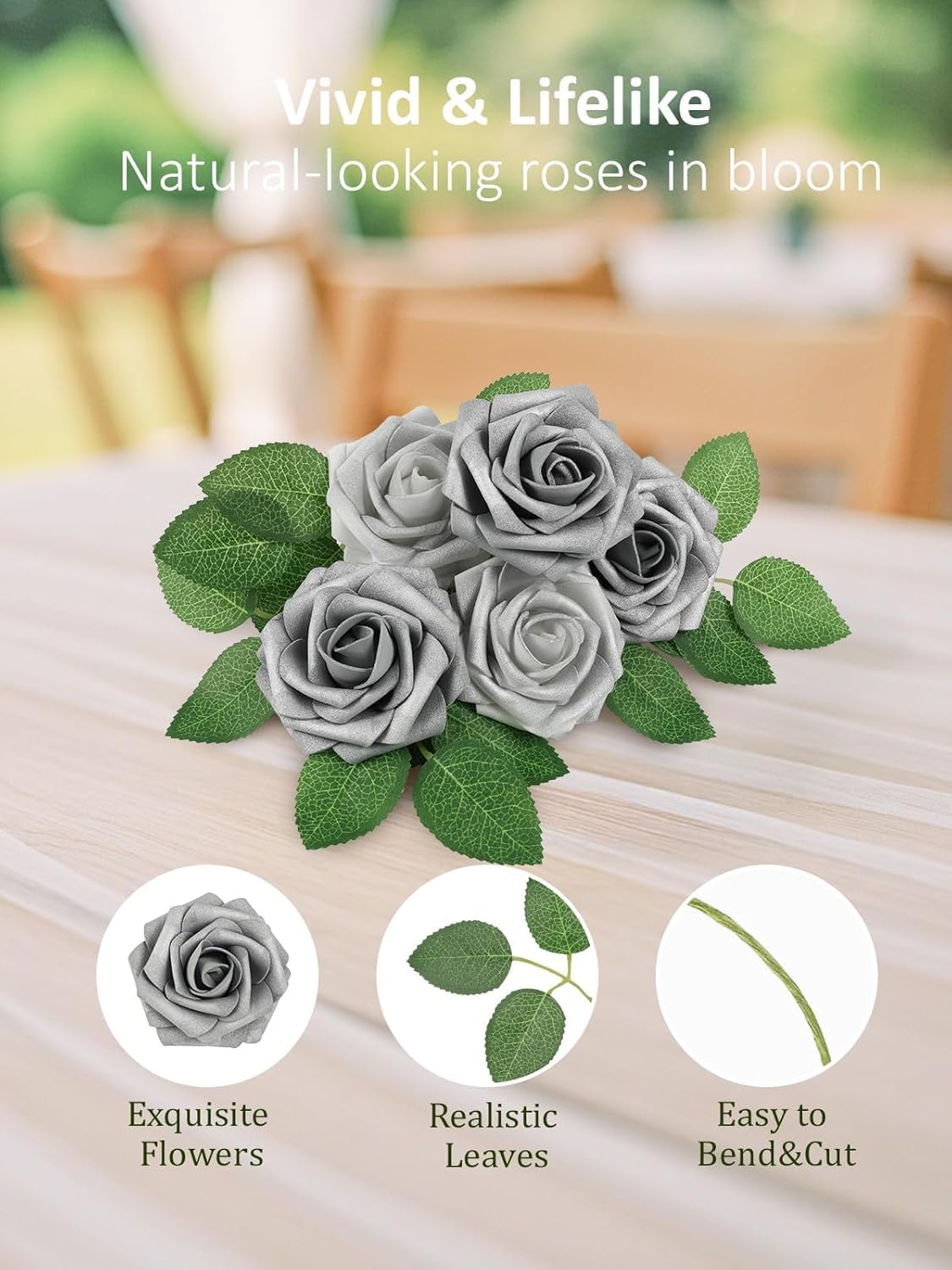 N&T NIETING Artificial Flowers, 25pcs Fake Flowers with Stems for Cake Decoration DIY Wedding Party Baby Shower Decoration, Silver White and Silver Grey