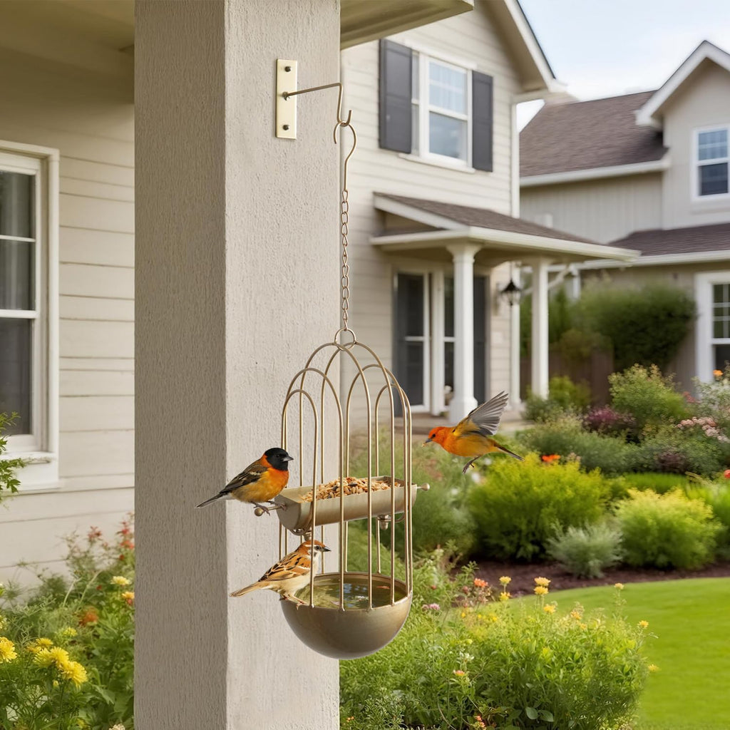 Haing Bird Feeder for Wild Birds, Metal Birdbath for Outdoods Garden Outside (Golden)
