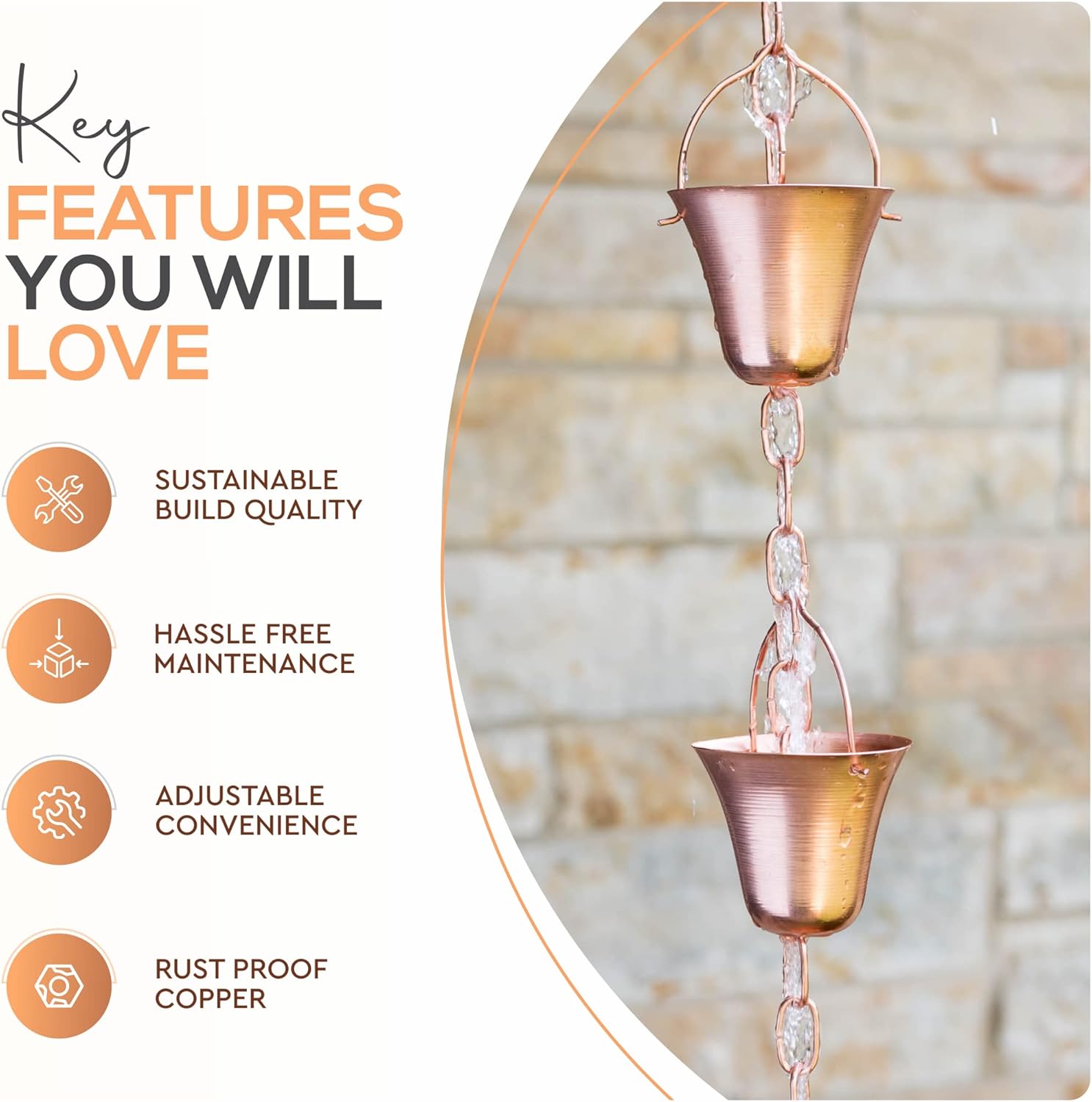 Copper Rain Chain – Decorative Chimes & Cups Replace Gutter Downspout & Divert Water Away from Home for Stunning Fountain Display – 6.5’ Long for Universal Fit – Bell Style
