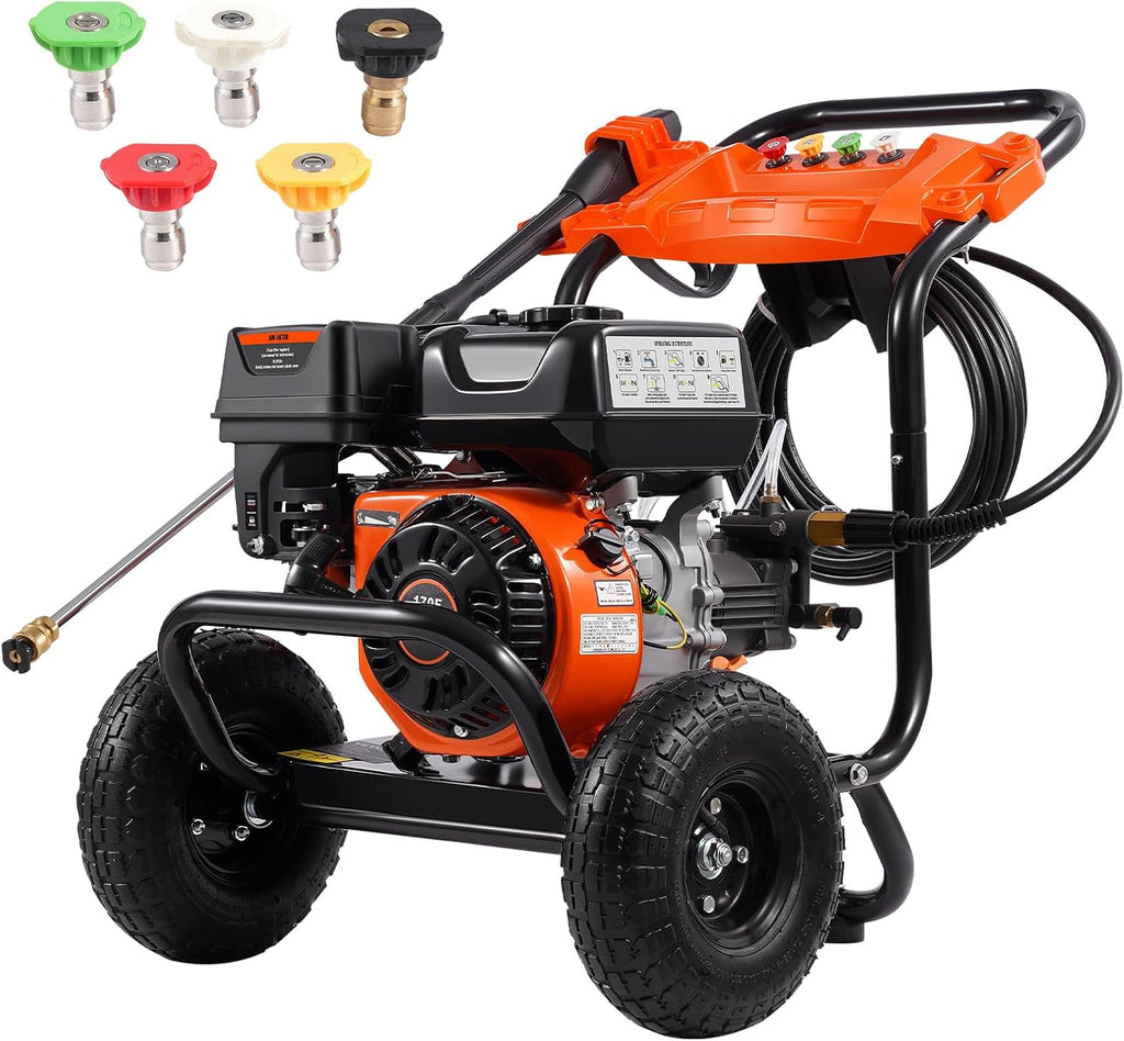 VEVOR Gas Pressure Washer, 3500 PSI 2.6 GPM, Gas Powered Pressure Washer with Aluminum Pump, Spray Gun and Extension Wand, 5 Nozzle Set, for Cars, Fences, Homes, Driveways, Patios Furniture Horizontal